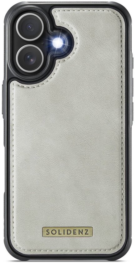 Lichtgrijze portemonnee telefoonhoes met beige achterkant, zwarte rand en dubbele camera-uitsparing.