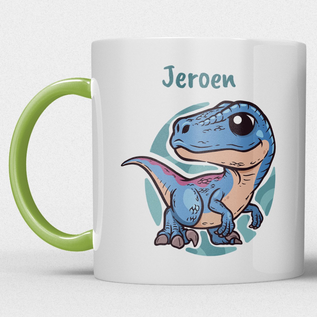 kindermok/kinderbeker | gepersonaliseerd met naam | met dino/dinosaurus/t-rex | groen | Schattige illustraties