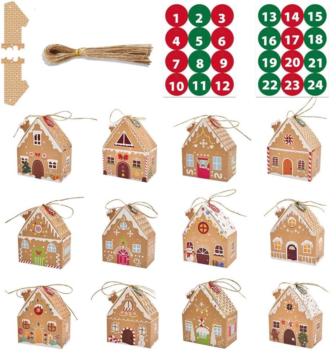 Kersttasset met 24 zelfgemaakte kerstadventskalenderdoosjes voor dames en kinderen.
