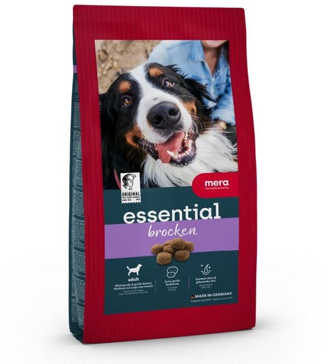 MERA essentiële brokken, droog hondenvoer voor alle hondenrassen, droogvoer met gevogelte-eiwit, gezonde voeding met omega-3 en omega-6, grote kroketten, 12,5 kg (verpakking van 1)