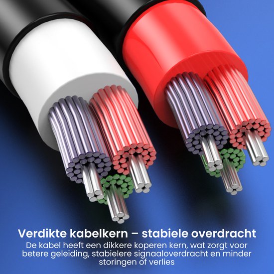 Verdikte kabelkern - stabiele overdracht. Dikkere koperen kern zorgt voor betere geleiding en stabielere signaaloverdracht.