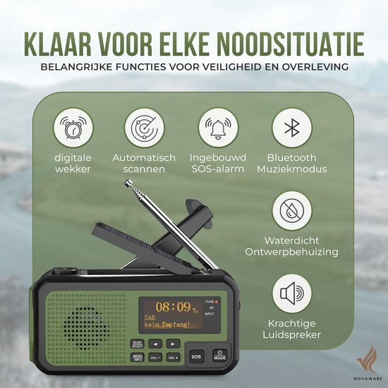 NovaWare® Radio d'urgence à remontage Solar - Banque d'alimentation à énergie solaire avec 5 200 mAh - DAB+/ FM - Pack d'urgence - Haut-parleur Bluetooth - Radio portable - Batterie - Vert