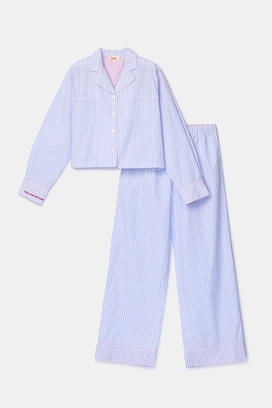 Normann Badstof pyjama voor dames met lange mouwen en manchetten, gestreepte broek, ook in grote maten, blauw-melange, 40-42