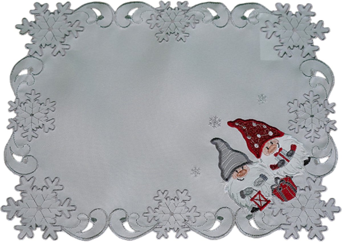 Placemat - linnenlook - Kerst - Wit met kabouters - gnoom - wichtels - tafelloper 33 x 45 cm
