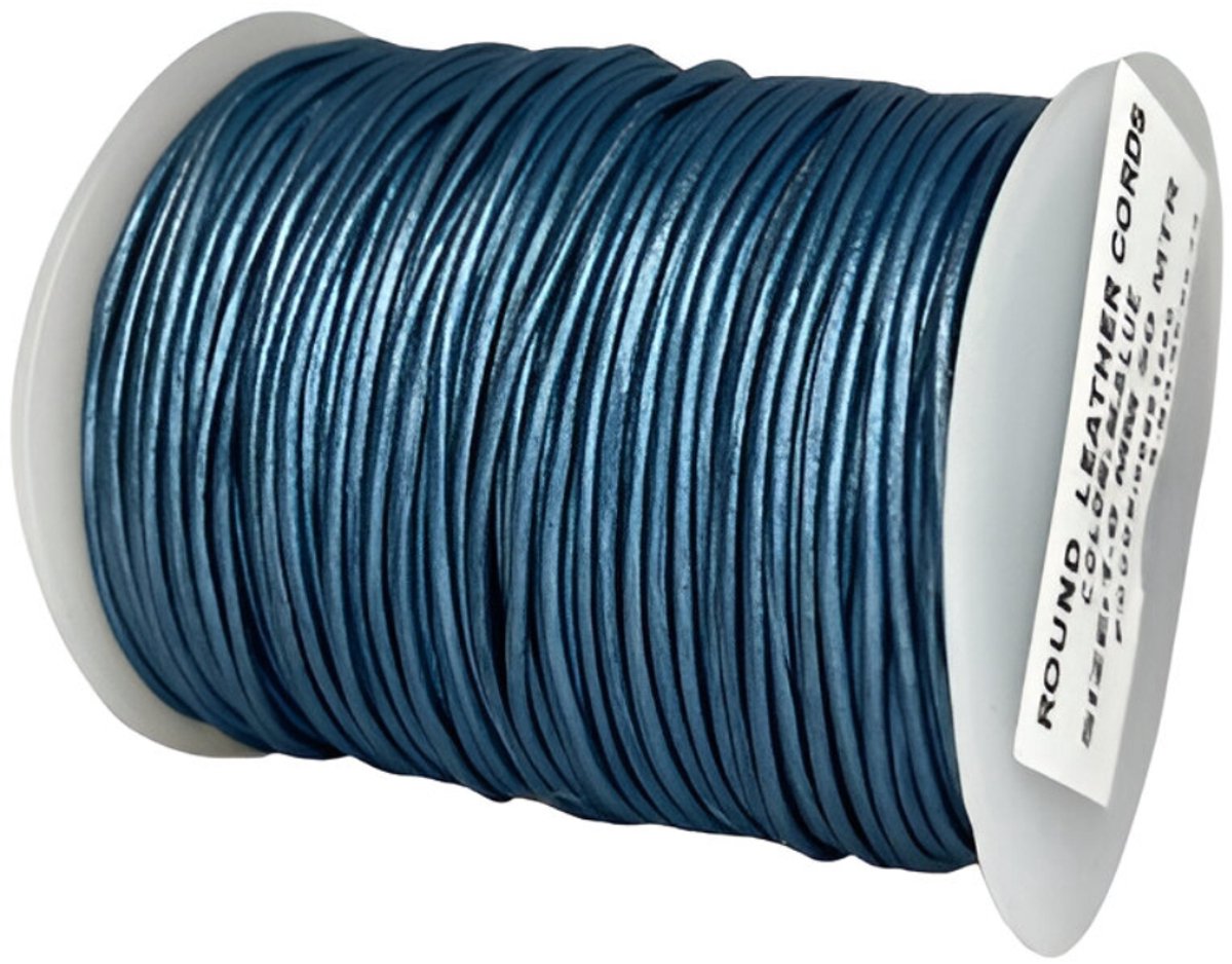 Leren Koord Rond, 50 m x 1 mm - Rond Lederen Koord, Voor Halskettingen, Armbanden, Sieraden, Knutselkralen en Veters (Metallic Blauw)