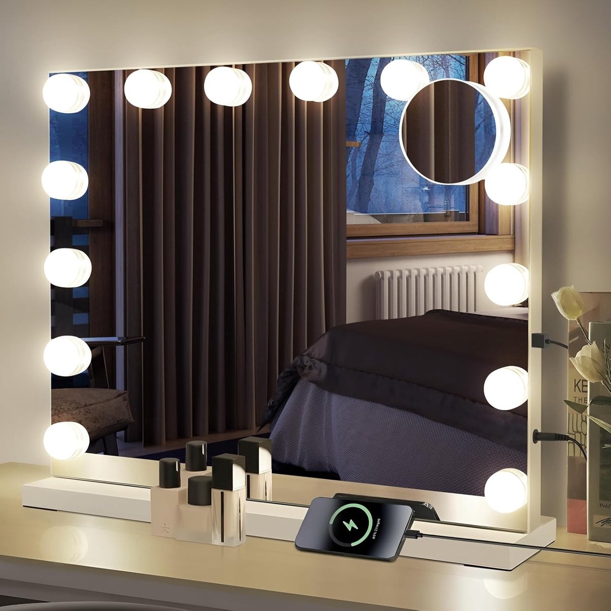 Glitzerlife Hollywood - Make-upspiegel - Inclusief 14 LED-lampen - 3 Kleurmodi Touch Dimbaar - Groot 50x40cm met USB-aansluiting