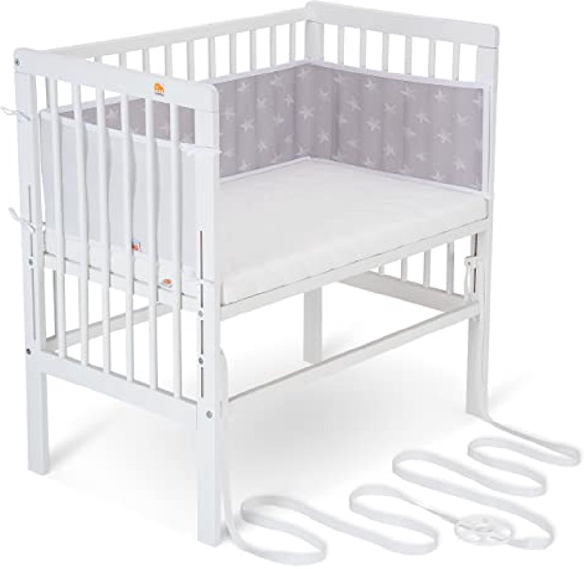 Bijzetbed voor Baby, Traploos in Hoogte Verstelbaar, Massief Wit Gelakt Beukenhout, Inclusief Comfort Matras en Netnestje