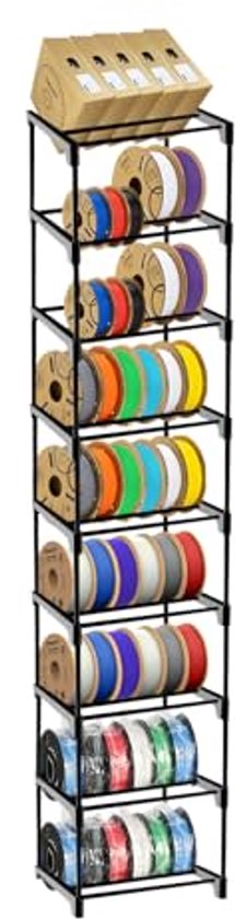 Modulair opbergrek voor 3D-printers met 9 niveaus, metalen spoelhouder, geschikt voor spoelen tot 54 × 1 kg, aanpasbare lagen, gereedschapsvrije montage Modulair opbergrek voor 3D-printers met 9 niveaus, metalen spoelhouder, geschikt voor spoelen tot 54 × 1 kg, aanpasbare lagen, gereedschapsvrije montage