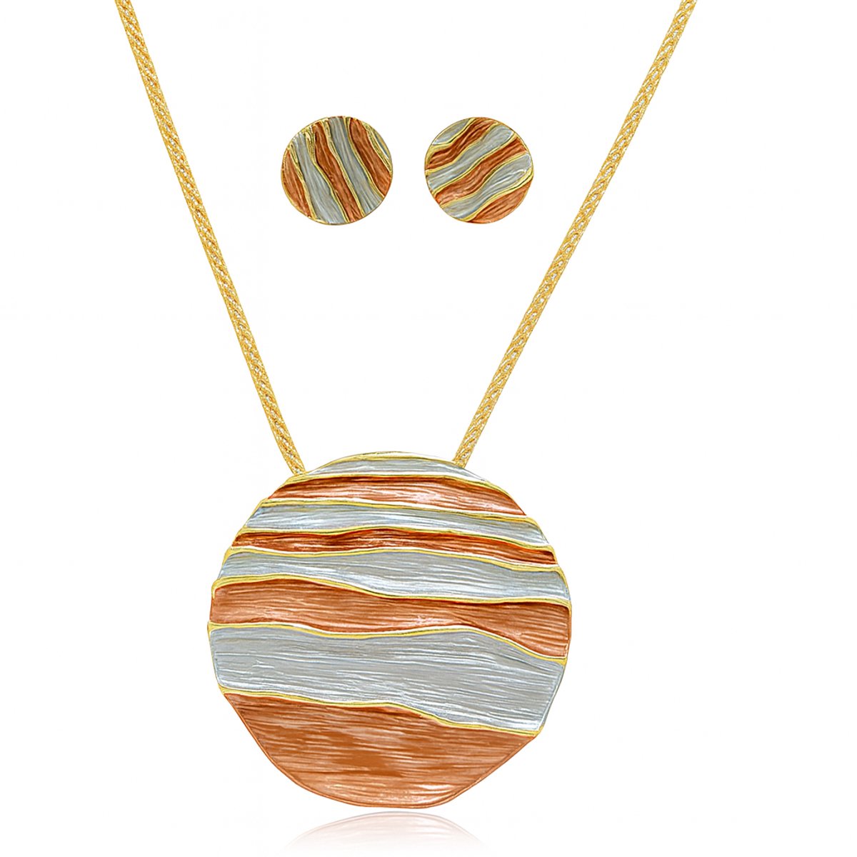 Dames sieradenset – Rood blauw gouden ronde hanger met golvende lijnen – Milieuvriendelijke legering ketting en oorbellen