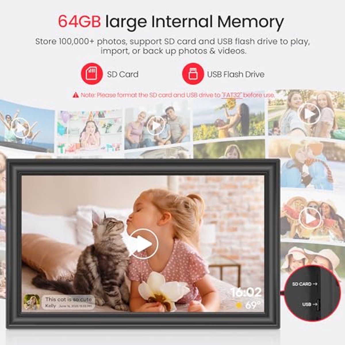 64 GB 15,6 inch digitale fotolijst met Wifi - grote elektronische fotolijst met 1920 x 1080 IPS FHD-touchscreen, stuur overal foto's vanuit je telefoon