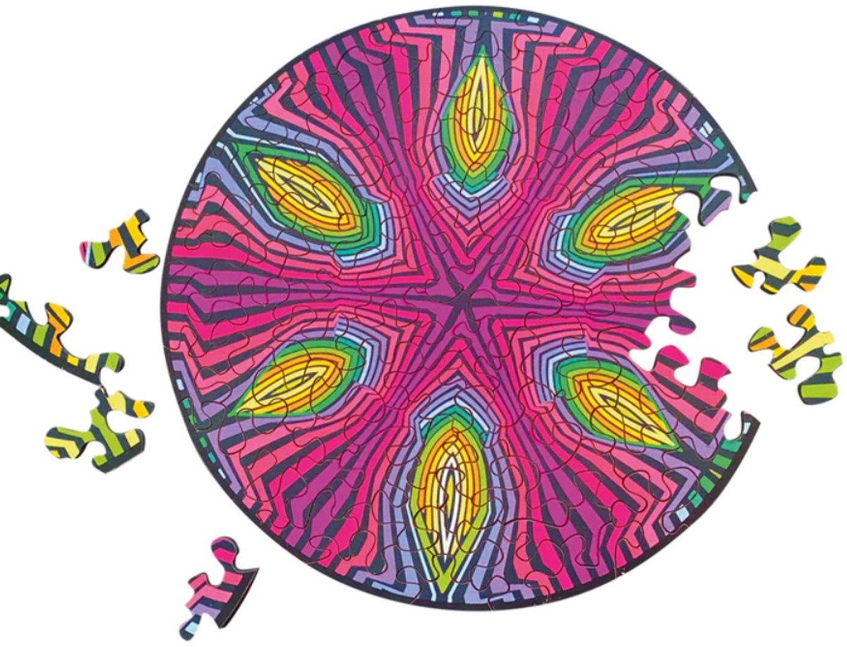 Hippie - Dubbelzijdige Ronde puzzel in hout - 88 stukjes