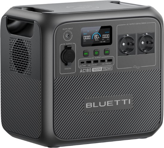 BLUETTI AC180 draagbare stroomgenerator 1152Wh LiFePO4-batterij met 2 stopcontacten 1800W- draagbaar energiestation voor kamperen, reizen, stroomuitval,Camper, wandelen,noodgeval, thuis.0-80% opladen in 45 minuten met 1.440W AC-ingang. 99% Vernieuwd
