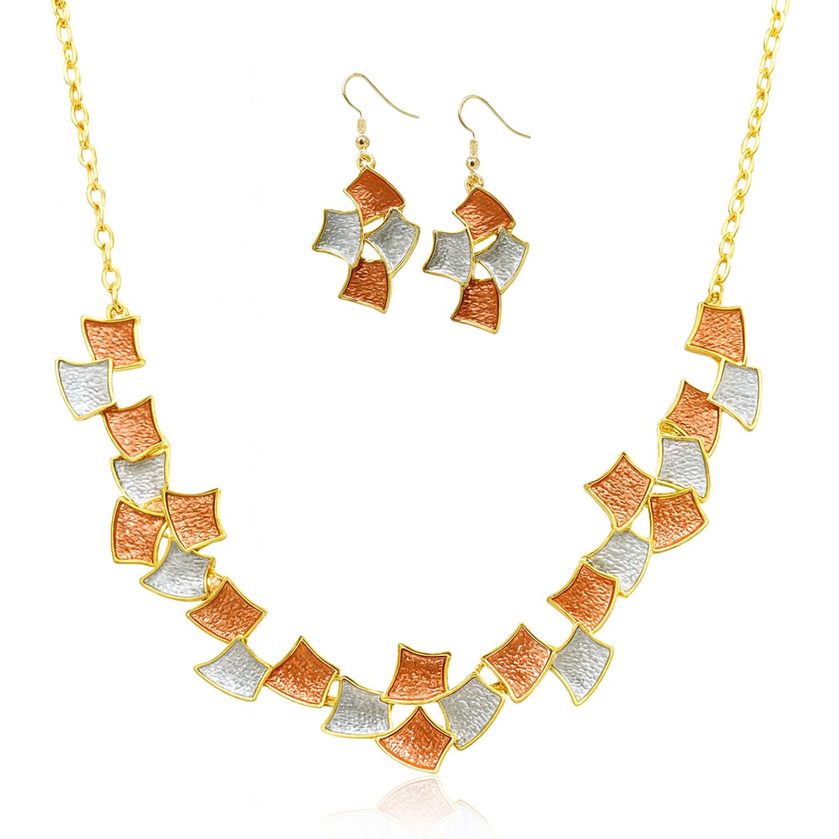 Dames ketting en oorbellen set rood-blauw-goud – onregelmatige blad- en blokvorm design, milieuvriendelijke legering