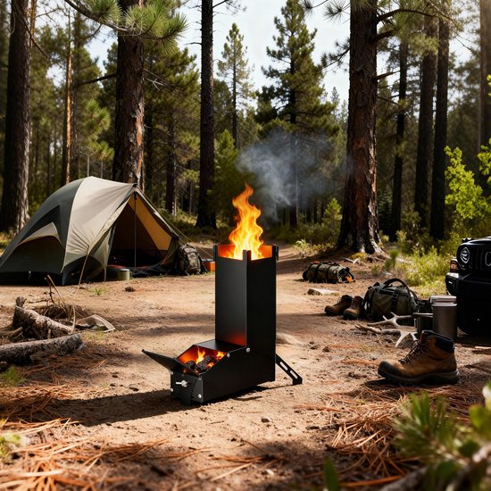 Rocket Stove RVS vuurschaal open haard - Draagbare kampeerhoutkachel, kampeerkachel met tas, kampeerkachel en terraskachel. Campinggrill voor BBQ, wandelen, tuin, zwart — afbeelding 2