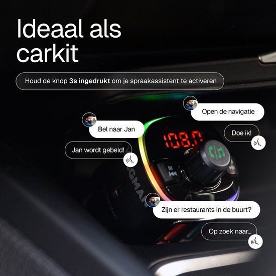 Zwarte Wegman FM-zender met LED-verlichting en digitaal display, in gebruik als carkit in een auto.