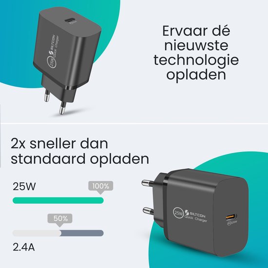Adaptateur USB C Siltcon® 25 W - Chargeur rapide USB C - Chargeur USB C - Convient pour chargeur Samsung - Universel, entre autres Téléphones et Tablettes - Câble USB-C de 2 mètres inclus