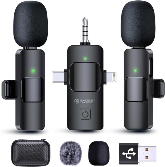 Microphone sans fil Gadgetplace (2 pièces) avec étui de protection - Plug & Play - USB-C/Lightning/USB-A/ Aux - Lavalier - Mini microphone cravate Bluetooth