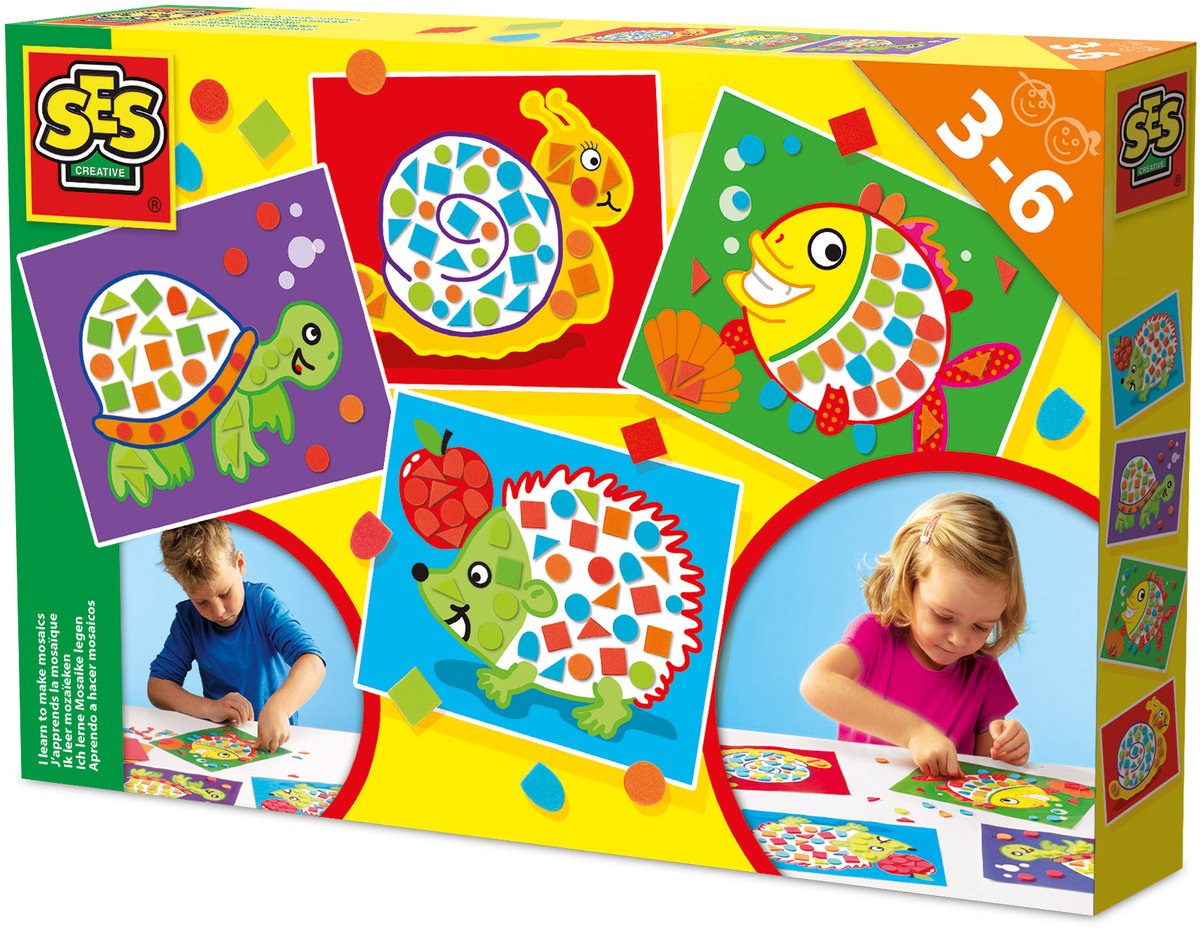 SES - Ik leer mozaïeken - 4 voorbedrukte kaarten met mozaïek stickers