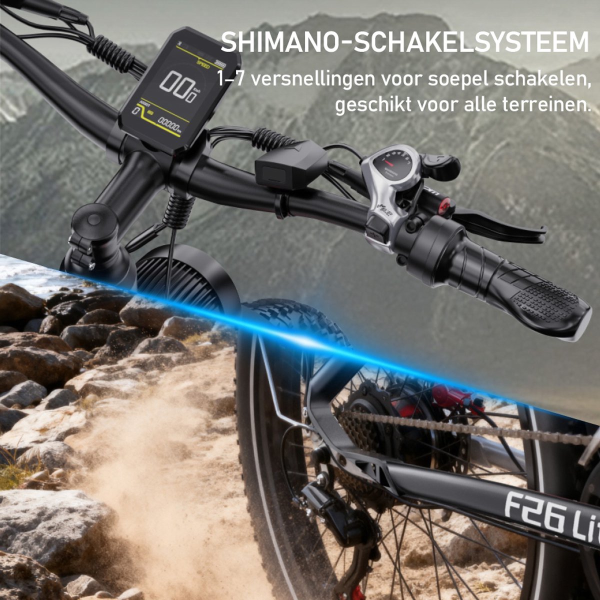 Elektrische Fiets DUOTTS - 864Wh/18 Ah Accu - 100 km Bereik - 250W Motor - 26x4 Inch Banden - Shimano 7 Versnellingen - Aluminium Frame - Inclusief Bagagedrager - Elektrische Mountainbike - zwart thumbnail 6