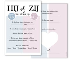 BSG319 - 20 stuks Hij of Zij, wat denk jij?! - Babyshower invulkaarten - Oh Baby - Wat ben ik ? - Babyshower versiering - Babyshower invulboek - Babyvoorspellingen - Babyshower - Babyshowerspelletjes - invulboek - Gender Reveal - Invulkaarten