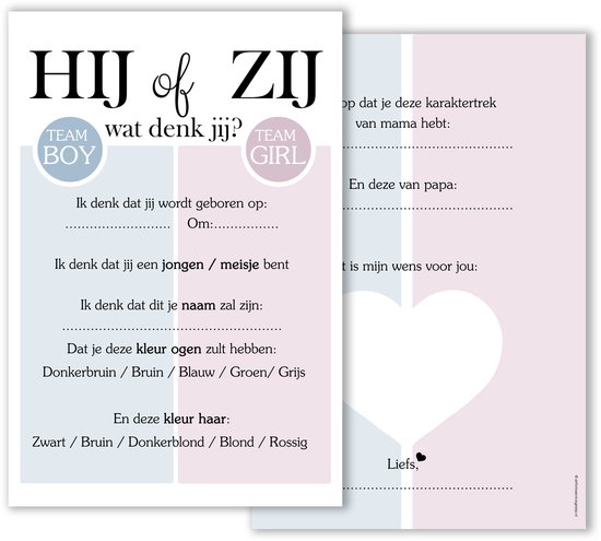 BSG319 - 20 stuks Hij of Zij, wat denk jij?! - Babyshower invulkaarten - Oh Baby - Wat ben ik ? - Babyshower versiering - Babyshower invulboek - Babyvoorspellingen - Babyshower - Babyshowerspelletjes - invulboek - Gender Reveal - Invulkaarten