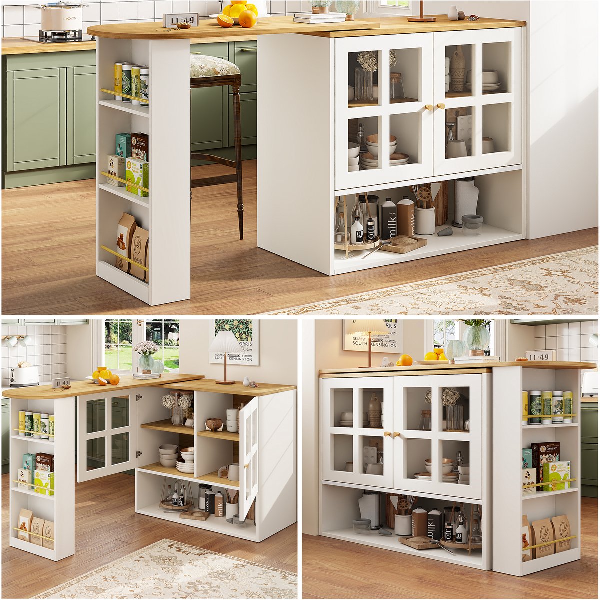 360° Draaibare Bar - Witte Moderne Multifunctionele Snackbar met 5 Planken & Glas Deur - Voor Slaapkamer, Woonkamer of Eetkamer