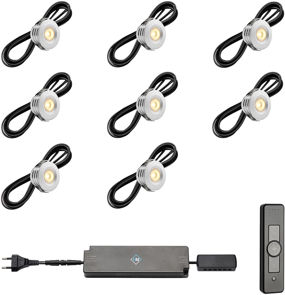 LED veranda inbouwspots Pals ab inclusief trafo en afstandsbediening - 3W / dimbaar / inbouwspot / terrasoverkapping / overkapping / serre / carport / warm wit / rond / 230V / IP44 / set van 8 stuks