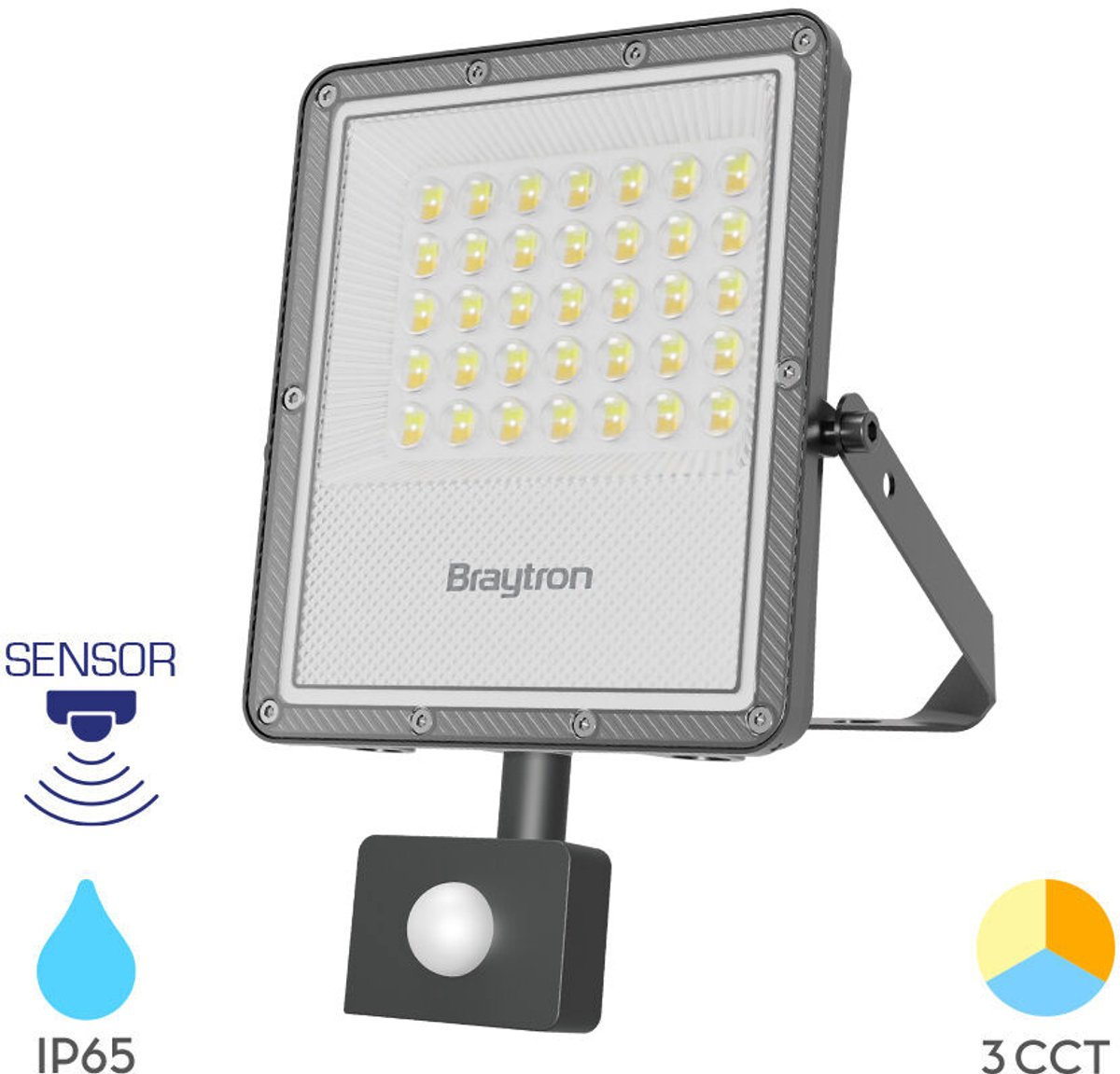Braytron LED Buitenlamp Schijnwerper Breedstraler Floodlight - Met Bewegingssensor , Met Dag en Nacht Sensor-Grijs-Waterdicht IP65- 30W -CCT 3IN1(3000/4000/6000))