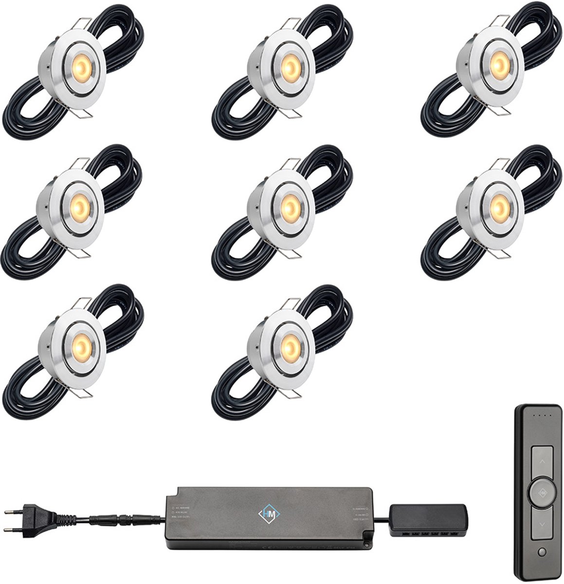 LED veranda inbouwspots Toledo ab inclusief trafo en afstandsbediening - 3W / dimbaar / kantelbaar / inbouwspot / terrasoverkapping / overkapping / serre / carport / warm wit / rond / 230V / IP44 / set van 8 stuks