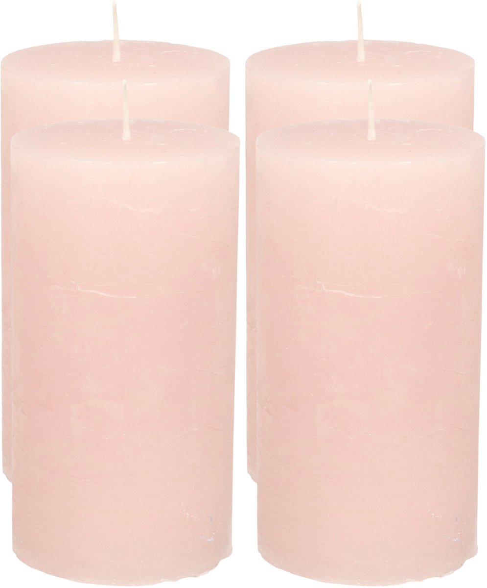 Atmosphera Stompkaars - 4x - licht roze - 7 x 13 cm - cilinderkaars - rustiek model Lichtroze