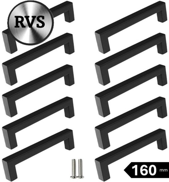 MSQDESIGN Zwarte RVS Handgrepen 160mm - Set van 10 - Handgreep zwart - Handgrepen keukenkastjes - Keukengrepen zwart - Kastgrepen - Meubelgrepen - Handgrepen deurtjes kast - Handgreep keuken - Deurgreepjes - ladegreep - Meubelgreep - Deurgreep zwart
