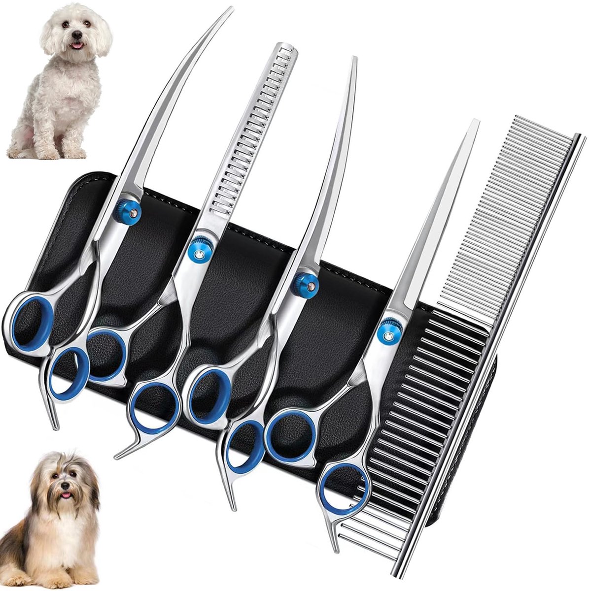 Ynkkvre - Honden Schaar Set - Professionele 5-in-1 Honden en Katten Verzorgingsschaar - Veiligheidsschaar met Dunne Schaar, Gebogen Schaar, Rechte Schaar en Verzorgingskam - Voor Katten en Andere Dieren