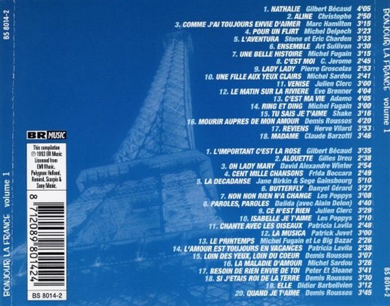Achterkant van een CD hoes met een lijst van liedjes onder de titel 'Bonjour La France volume 1'.