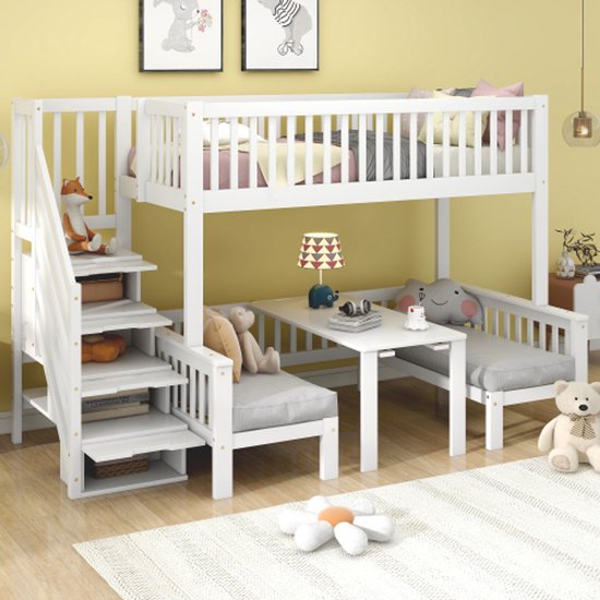 Lit superposé, lit enfant, table multifonctionnelle réglable en hauteur, échelle de rangement stable, barrière de sécurité, pin + MDF + contreplaqué, blanc, 90x200cm & 120x200cm