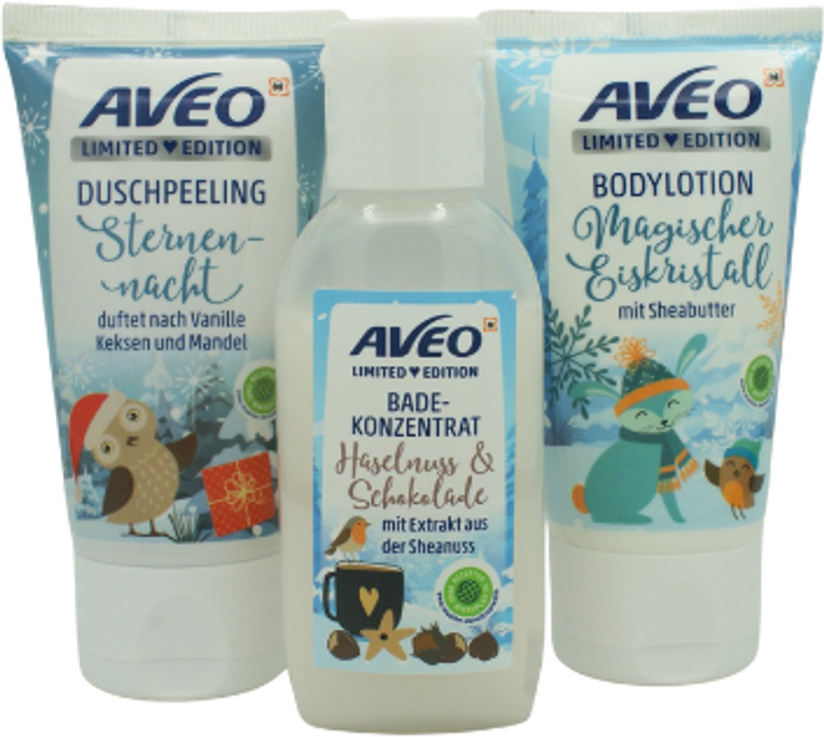 Kerst Verzorgingsset Mini's - AVEO Limited Edition Kerst/Winter | Duschpeeling, Bodylotion & Badconcentraat | Winterset 3-delig – Shea Butter, Vanille & Chocoladegeur