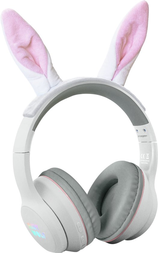 Casque blanc KidyWolf pour enfant avec de douces oreilles de lapin roses et des accents roses.