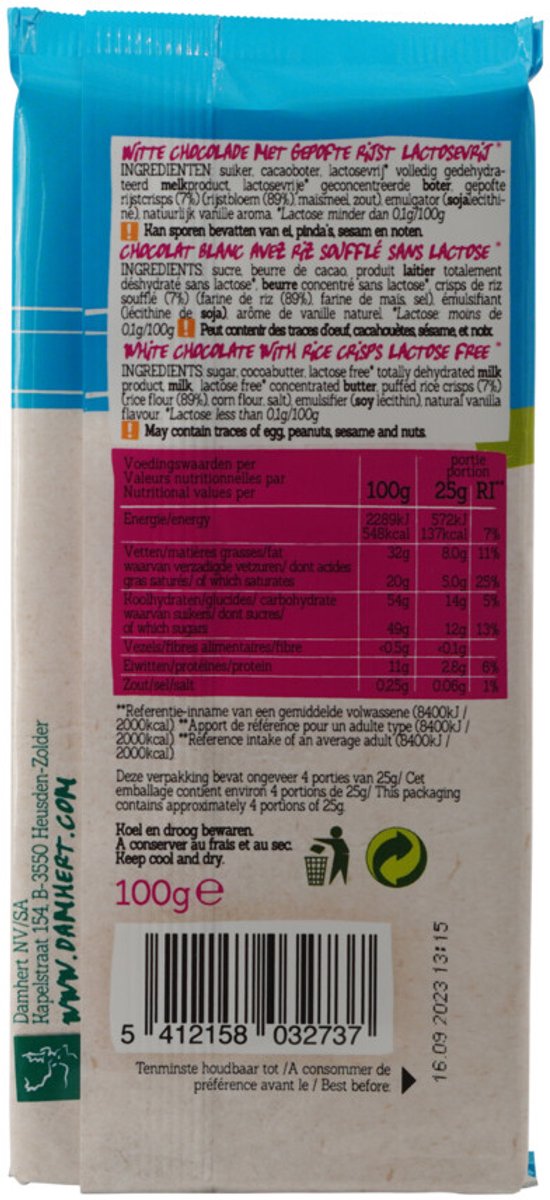 Damhert - Witte Chocoladetablet Crisp Lactosevrij - 3 x 100 gr - Voordeelverpakking