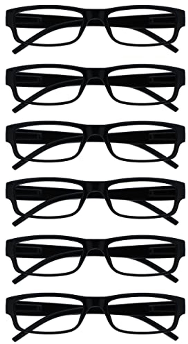 OPULIZE Ace Reading Glasses Pack of 6 Classic Everyday Slim Frame Scratch-Resistant Spring Hinges Black for Men Women RRRRRR32 + 1.50