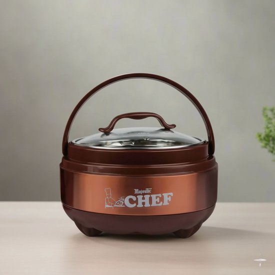 Marmite – 4 L – Cuve intérieure en acier inoxydable, couvercle en Glas trempé, plastique alimentaire – Garde les Nourriture au chaud jusqu'à 6 heures – Pot de conservation pour plats chauds et froids – Bol chauffant pour grillades