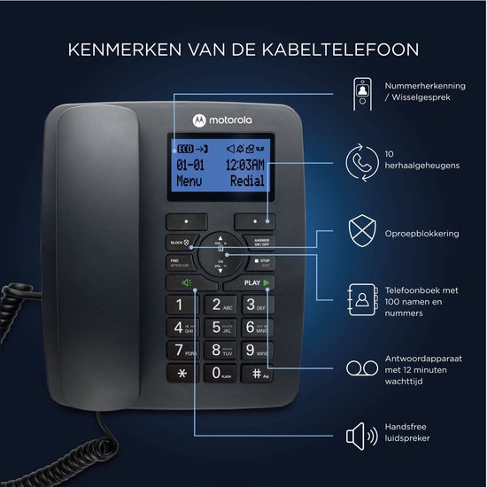 Zwarte Motorola C4201 bedrade telefoon met numeriek toetsenbord en scherm, functies worden uitgelicht.