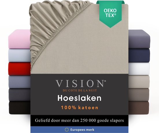 Beige hoeslaken van 100% katoen met elastiek. Oeko-Tex gecertificeerd.