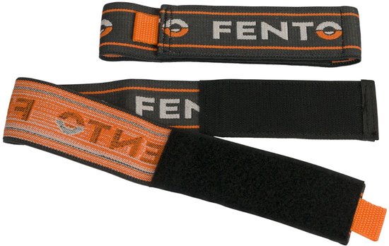 Twee FENTO elastieken op een donkergrijze ondergrond met oranje strepen en witte FENTO-letters, één met klittenband.