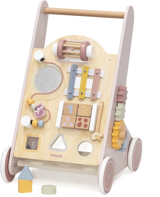 Pastelroze houten baby loopwagen met activiteitenpaneel: xylofoon, kralen, blokken en tandwielen.
