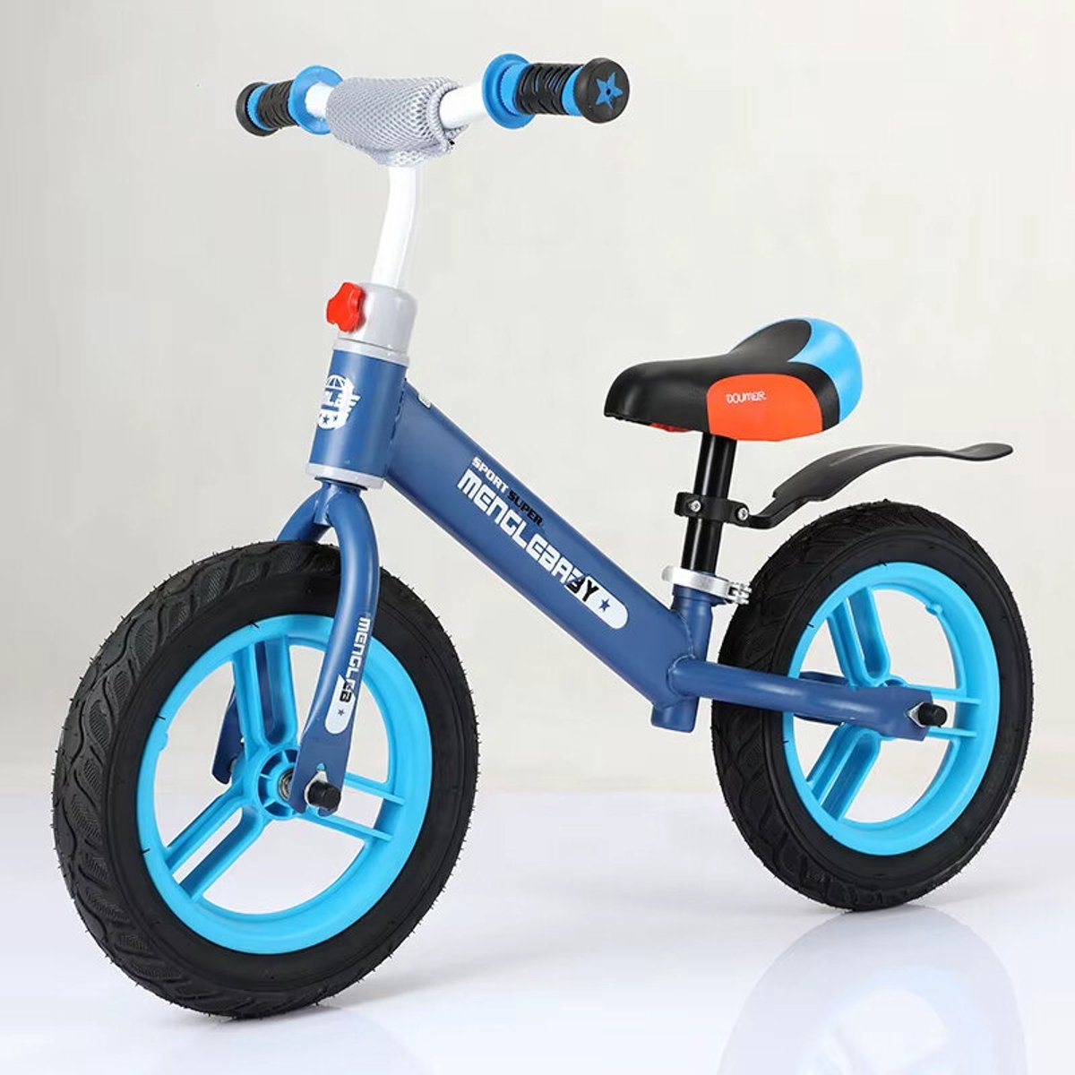 Mengle Baby - kinderfiets blauw 12 inch (1-4 jaar, licht & robuust wiel, tot 45 kg), loopfiets - verstelbaar zadel - 80cm