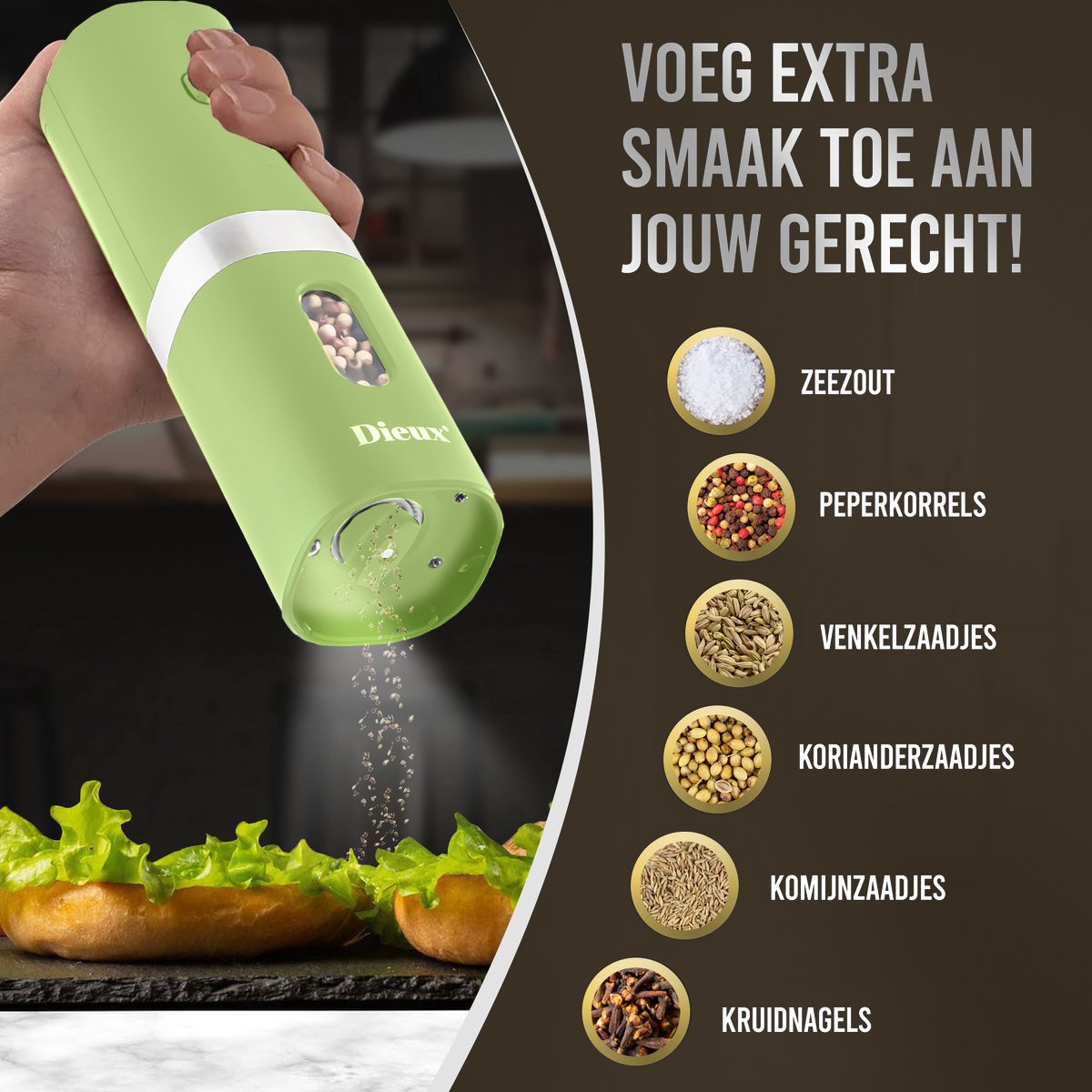 Dieux - Elektrisch Peper en Zoutmolen set - Groen - Pepermolen - Zoutmolen - 2 stuks - Instelbare maalgraad - Hervulbaar - Barbecue - BBQ accesoires - Luxe kwaliteit - Kruidenmolen — cadeau in Kookcadeaus - foto 2
