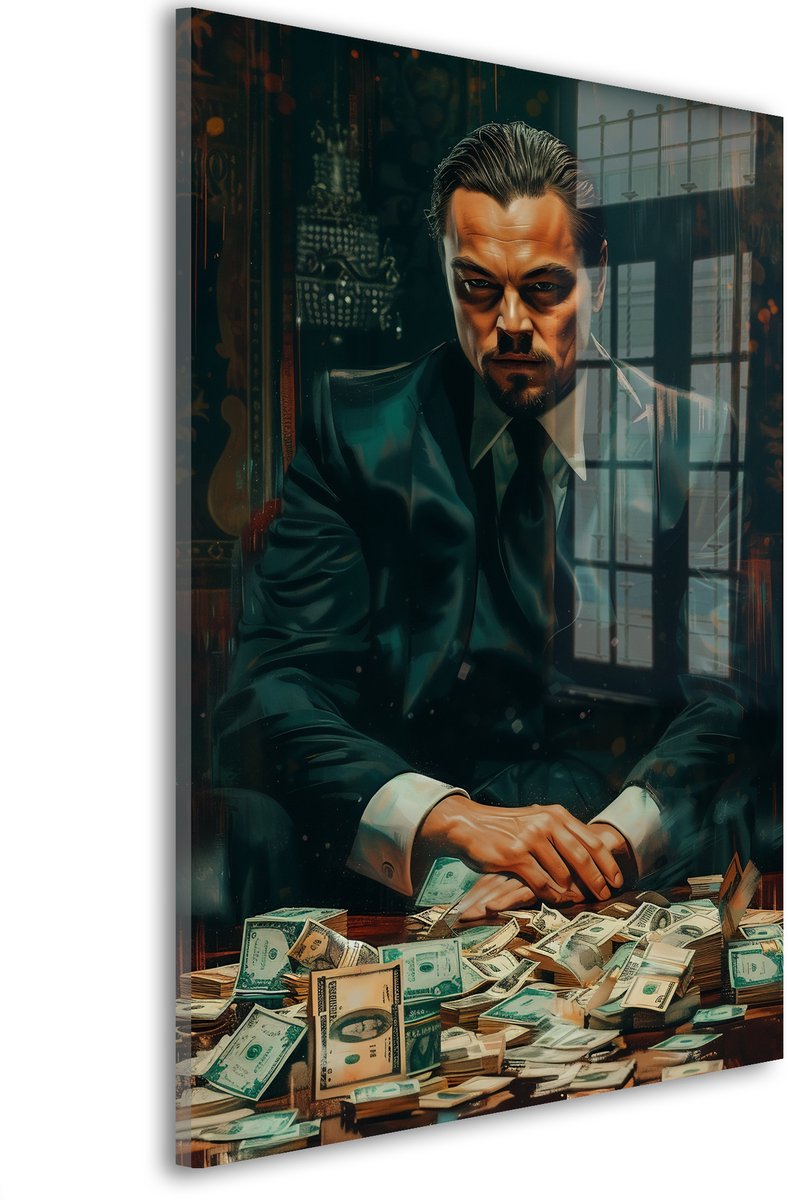 Glasschilderij Machtig Geldspel - 30 x 20 cm - Man - Bekende personen - Acrylaat - Inclusief wandbevestiging - Foto op plexiglas - Wanddecoratie woonkamer