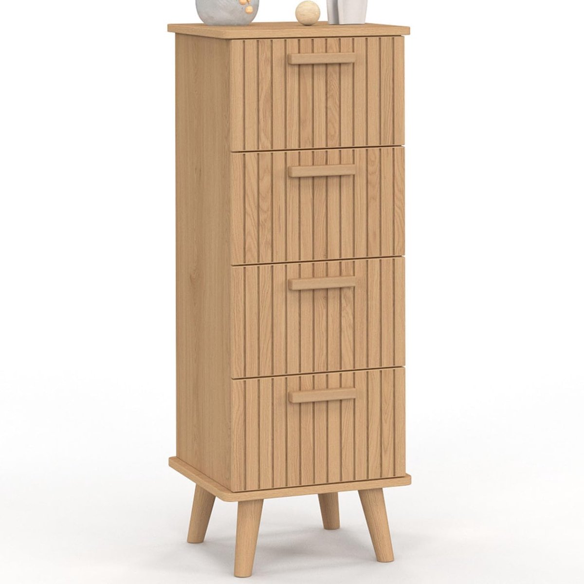 Ladekast Juliette – 4 lades, 30 cm breed, hout eikenkleur met lattenontwerp