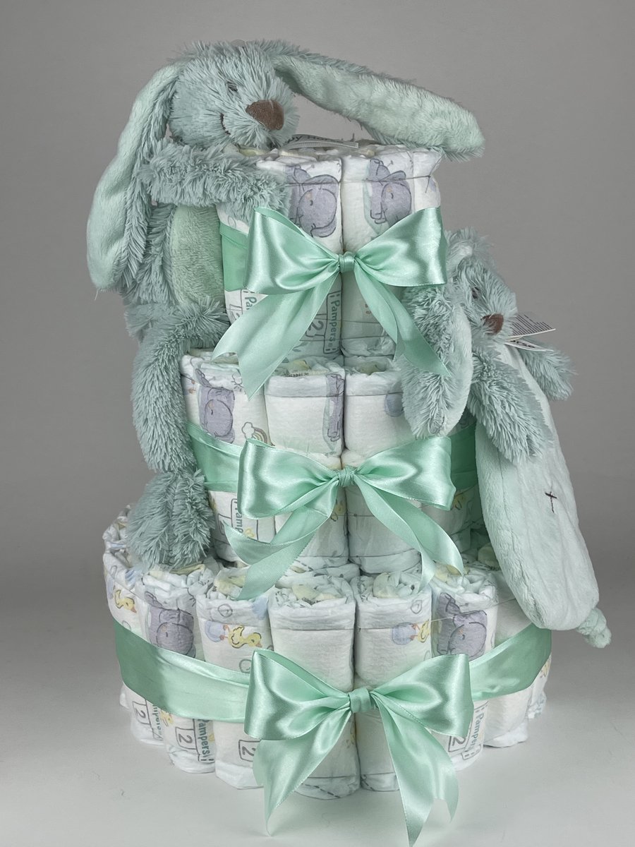 Chouette-Chouette | Luiertaart Neutraal | Kraamcadeau | Geboorte Jongen Meisje | Babyshower | Konijn Richie Lagoon - Groen