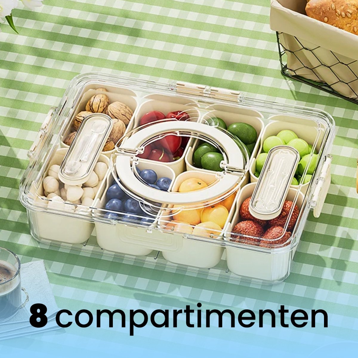 LifeLux Snackbox / Lunchbox met vakjes & Handvat – 8 Compartimenten snackdoosjes + 2 Bestekvakjes (Niet voor vaatwasser) - Picknick box volwassenen kinderen — afbeelding 7