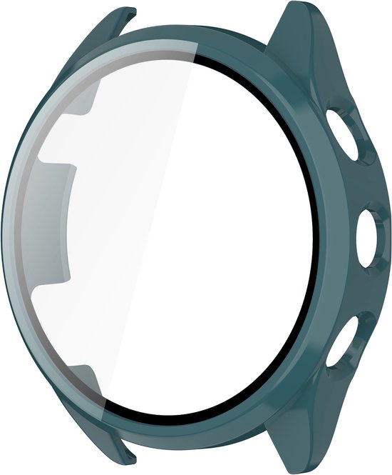 Groene smartwatch beschermhoes met helder scherm, witte wijzerplaat.